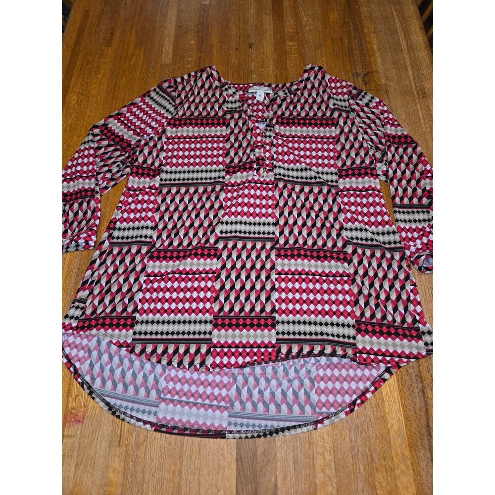 Dana Buchman Women XL Red Black Tan Henley Geometric Diamond Hi-Lo Stretch Tunic